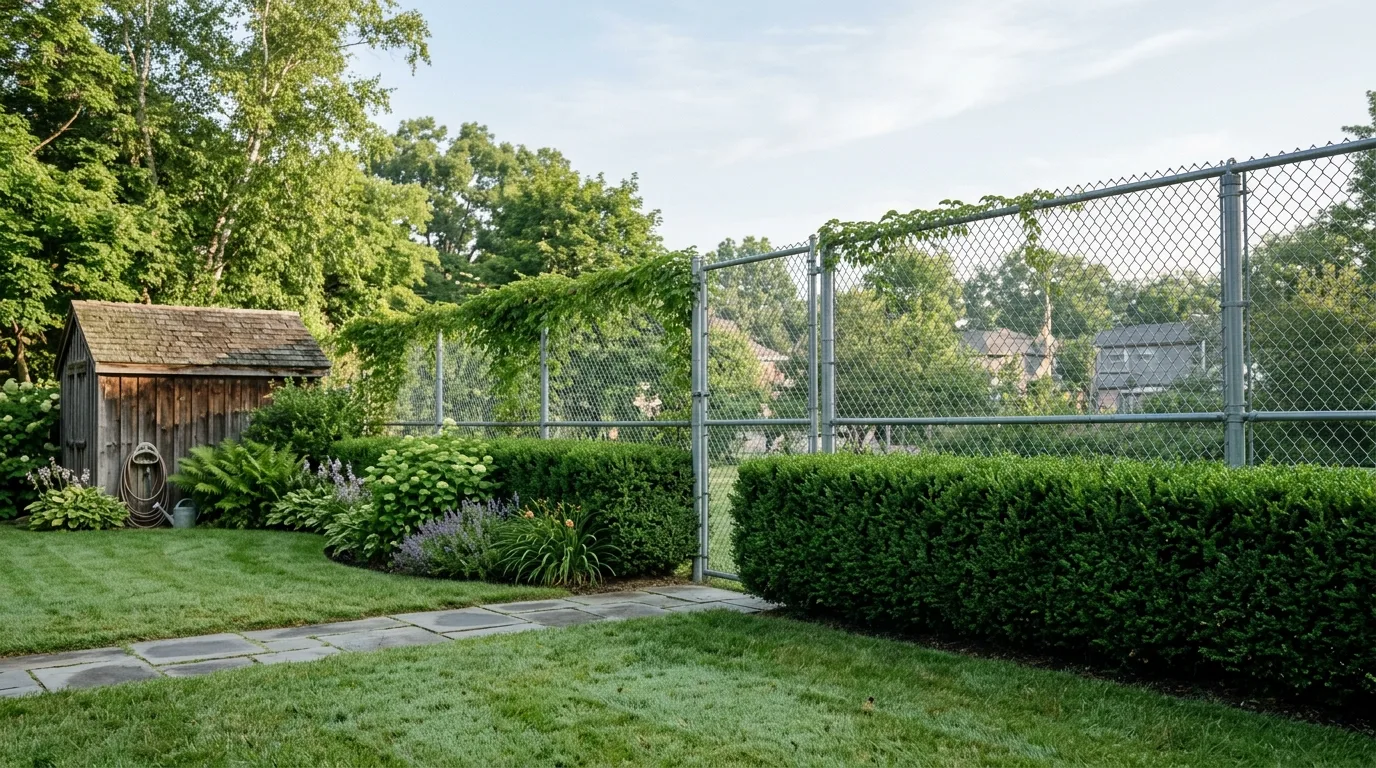 Tall Chain Link Fence With Trimmed Hedges